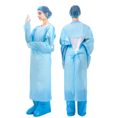 Buen precio 68g de túnica aislante CPE azul claro con diseño de bucle de pulgar para protección médica En línea