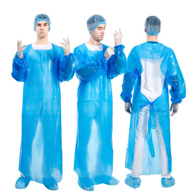 Bon prix Haixin imperméable à l'eau bleu jetable sans manches Robe imperméable en polyéthylène tablier CPE Vêtements de protection médicale pour le nettoyage en ligne