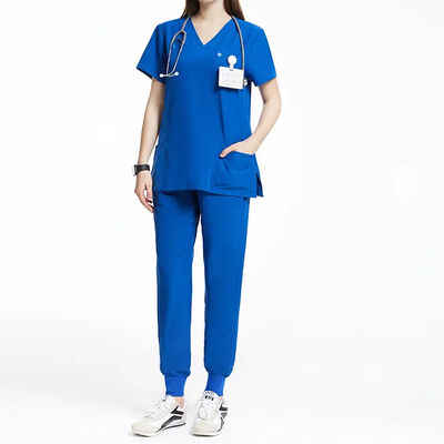 Goede prijs Custom Logo Mode Srubijnen Medische scrubs Uniform Suit V Neck Solid Nursing Set Tops Vrouwen Medische verpleegkundige Uniform Scrub Suit online