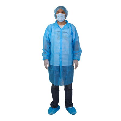 Good price Hubei Haixin Disposable Blue Lab Coat Adults Medical PPE Visitor Coat Elastic Cuffs Folded Collar Hook Loop Fastener No Pockets online