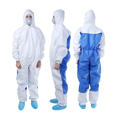 Buen precio Vestidos de protección de seguridad de ventanas de 90 días Tipo 5/6 Microporous Overall Hooded Overall con SMS Back Blue Patchwork Clothing en línea