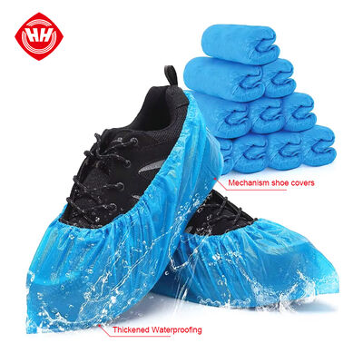 Good price Hubei Haixin Disposable Blue CPE Indoor Shoe Covers Waterproof Nonslip Shoe Cap Blue Plastic Automatic Shoe Cover Wholesale online