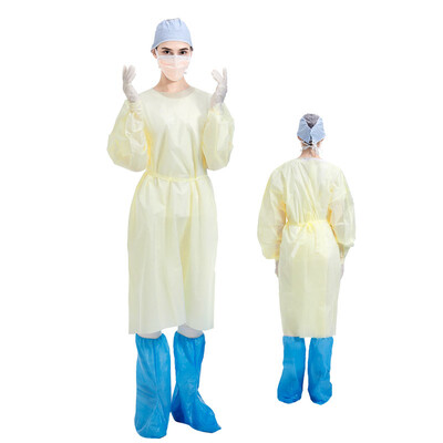 Buen precio Hubei Haixin Vestidos de cirujano de manga larga personalizados Vestidos de trabajo desechables Vestidos de aislamiento amarillos Vestidos de cirugía de tejido no tejido en línea